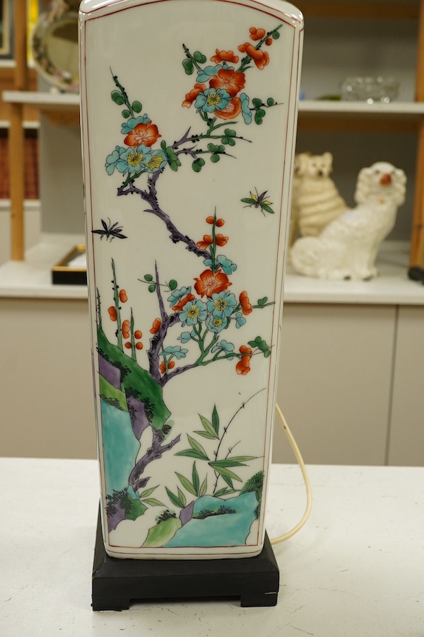 A Chinese porcelain famille verte floral table lamp, 54cm high excluding the fitting. Condition - good